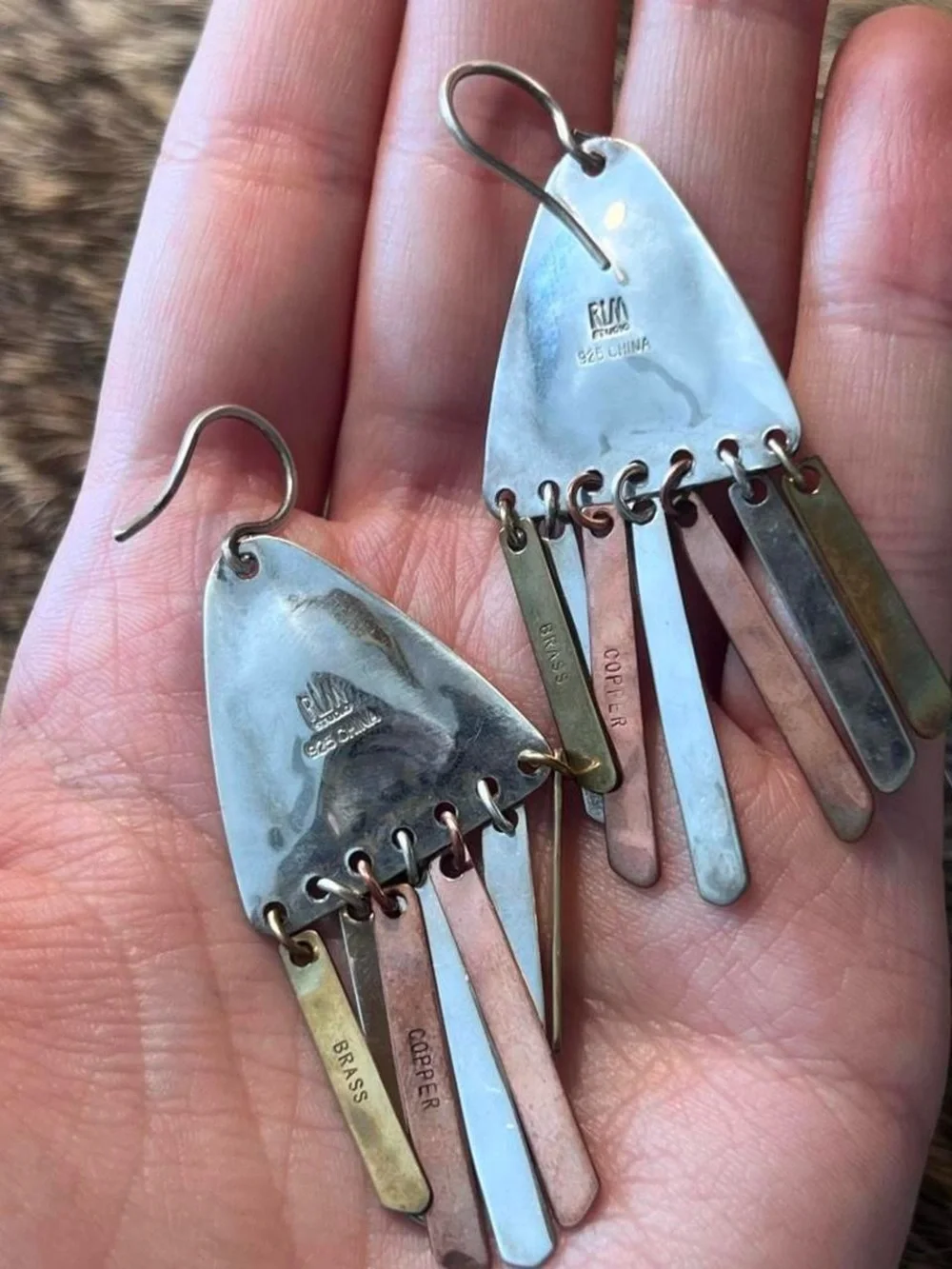 Sterling silver, copper and brass Robert Lee Morris brutalist fringe earrings